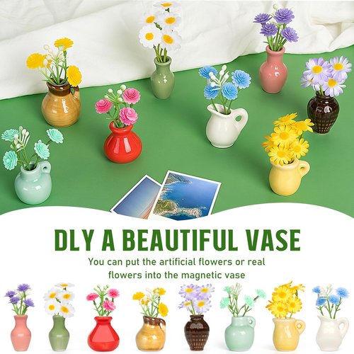 Samlior 8PCS Mini Ceramic Vase Fridge Magnets, Cute Tiny Flower Vase Fridge Magnets with Artificial Flowers for Refrigerator Office and Kitchen Cabinet Decoration