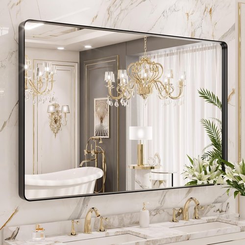LOAAO Black Metal Framed Bathroom Mirror - 48x40 Inch Rounded Rectangle, Anti-Rust, Versatile Hanging Options