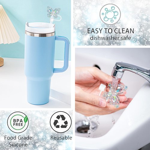 6Pcs Shiny Straw Toppers, Colorful Diamond Butterfly Straw Covers Cap Compatible with Stanley Cups 30&40 Oz Tumbler with Handle, 10mm/4inches Reusable Silicone Bling Stanley Cup Accessories