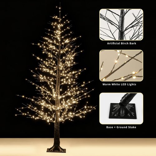 6FT Black Lighted Birch Tree with 1100 Warm LED Lights, Prelit Christmas Tree with Twinkle Lights, Indoor Outdoor LED Birch Tree with Timer & Brightness Control, Christmas Indoor Decoration