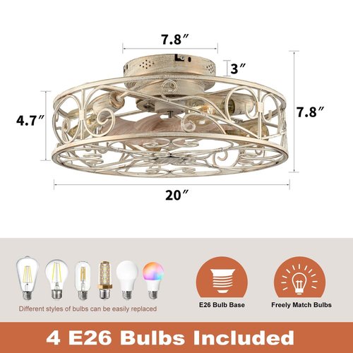 XUDOM 20" Caged Ceiling Fans with Lights and Remote, Bladeless Ceiling Fan 6 Speed Reversible with 4 Bulbs and Remote Control,Flush Mount Caged Ceiling Fan for Bedroom, Living Room, (Include Bulbs)