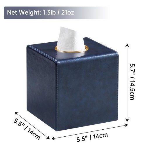 MEIBOOCH Square Tissue Box Cover, Luxury PU Leather Tissue Holder with Magnetic Closure (Navy Blue)