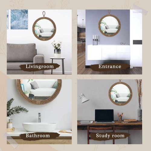 Vercraft Nautical Mirror 16 Wall Decor with Rope Wrapped Trim and Hanging Loop Round Circle Coastal Boho Mirror Nautical Rustic Decorative for The Living Room, Bedroom Bathroom and Entryway