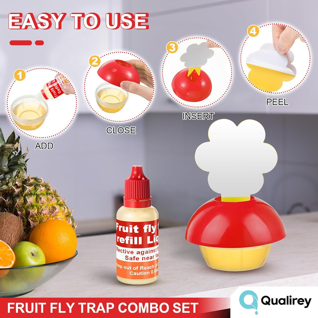 Qualirey Fruit Fly Trap - Safe Indoor Solution with 4 Refill Liquids & 60 Sticky Pads | Red