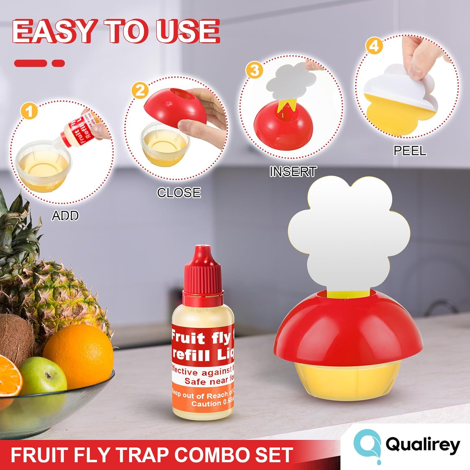 Qualirey Fruit Fly Trap - Safe Indoor Solution with 4 Refill Liquids & 60 Sticky Pads | Red
