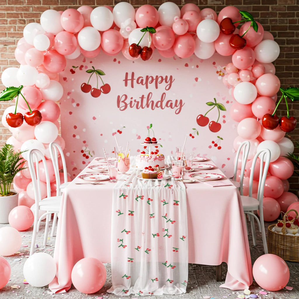 Windkream 2 Pack Cherry Table Runner 35x120 Inch Cherry Birthday Party Decorations Fruit Summer Lace Tulle Fabric Table Dining Room Kitchen Holiday Wedding Baby Shower Arch Veil Decor