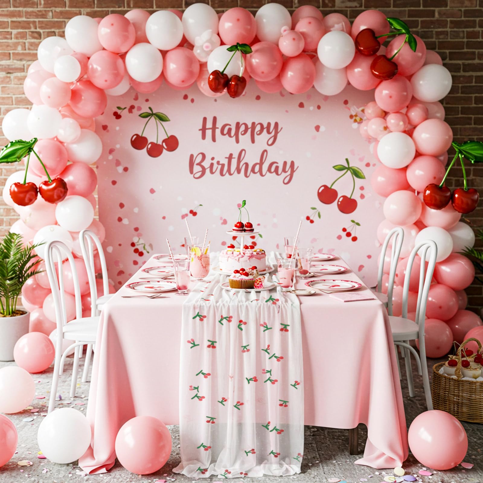 Windkream 2 Pack Cherry Table Runner 35x120 Inch Cherry Birthday Party Decorations Fruit Summer Lace Tulle Fabric Table Dining Room Kitchen Holiday Wedding Baby Shower Arch Veil Decor