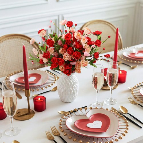 Suncalla 12 Pcs Valentines Day Decoration Rose Floral Picks 16 Inch Red Pink Heart Artificial Flower Berry Stems Flower Branches for Valentine's Day Wedding Anniversary Vase Table Centerpieces Decor