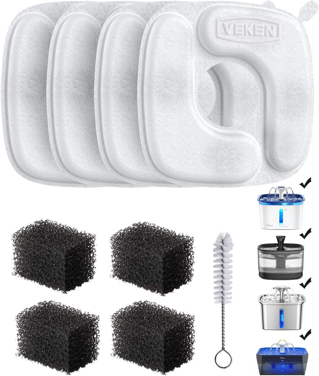 Veken Cat Water Fountain Filters - 4 Pack Replacement Filters & Pre-Filter Sponges for 50oz to 108oz Fountains