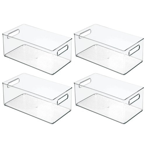 mDesign Deep Plastic Kitchen Storage Organizer Container Bin for Pantry, Cabinet, Cupboard, Shelves, Fridge, or Freezer - Holds Dry Goods, Sauces, Condiments, Drinks, Ligne Collection, 4 Pack, Clear