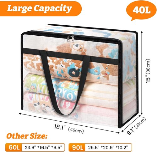 BlissTotes Clear Clothes Storage Bags - 4 Pack Foldable Under Bed Containers with Sturdy Zipper | 40L