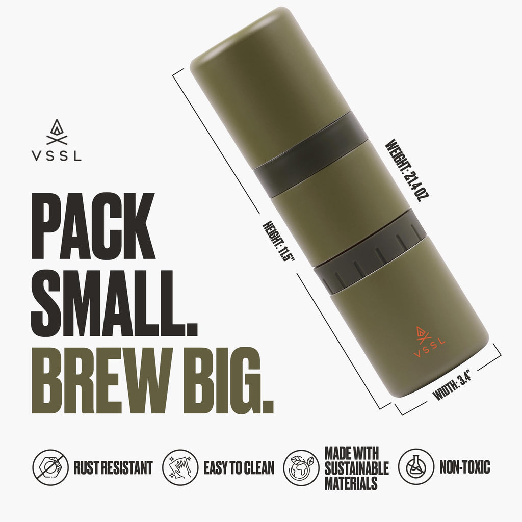 VSSL - Nest Pour Over Coffee Kit | Coffee Maker for Camping | All-In-One Travel Pour Over | Transportable Dripper, Two 10oz Stainless Steel Travel Mugs | Compact Storage & Adventure Ready | Deep Moss