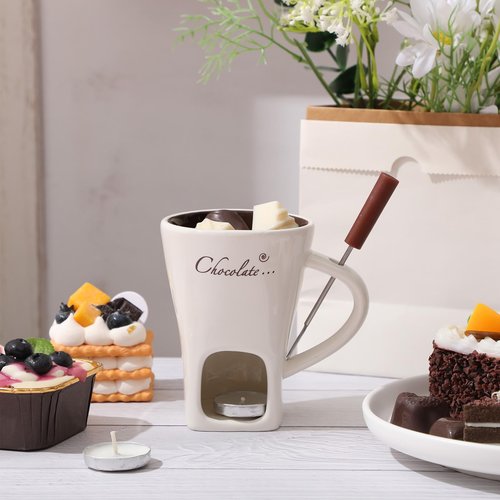 Honeydak 4 Set Chocolate Fondue Mug with Fork and Candle Sweet Ceramic Personal Chocolate Melting Cup Ideal Gifts for Birthday Date Night Birthday Wedding Gifts (White)