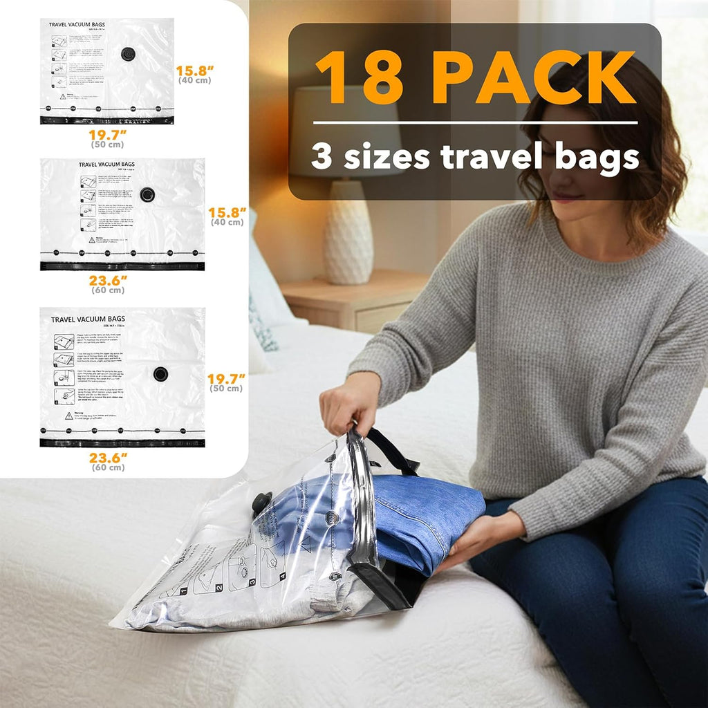 SpaceAid Travel Vacuum Bags - 18 Pack Compression Bags with Electric Pump for Luggage & Clothing