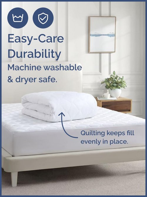 Quilted Fitted Mattress Pad Protector Queen Size - Elastic Fitted Mattress Topper & Cover - Breathable, Soft, Low Profile Top Cover with 8-16 Inch Deep Pockets - Easy-Fit & Machine Washable - White