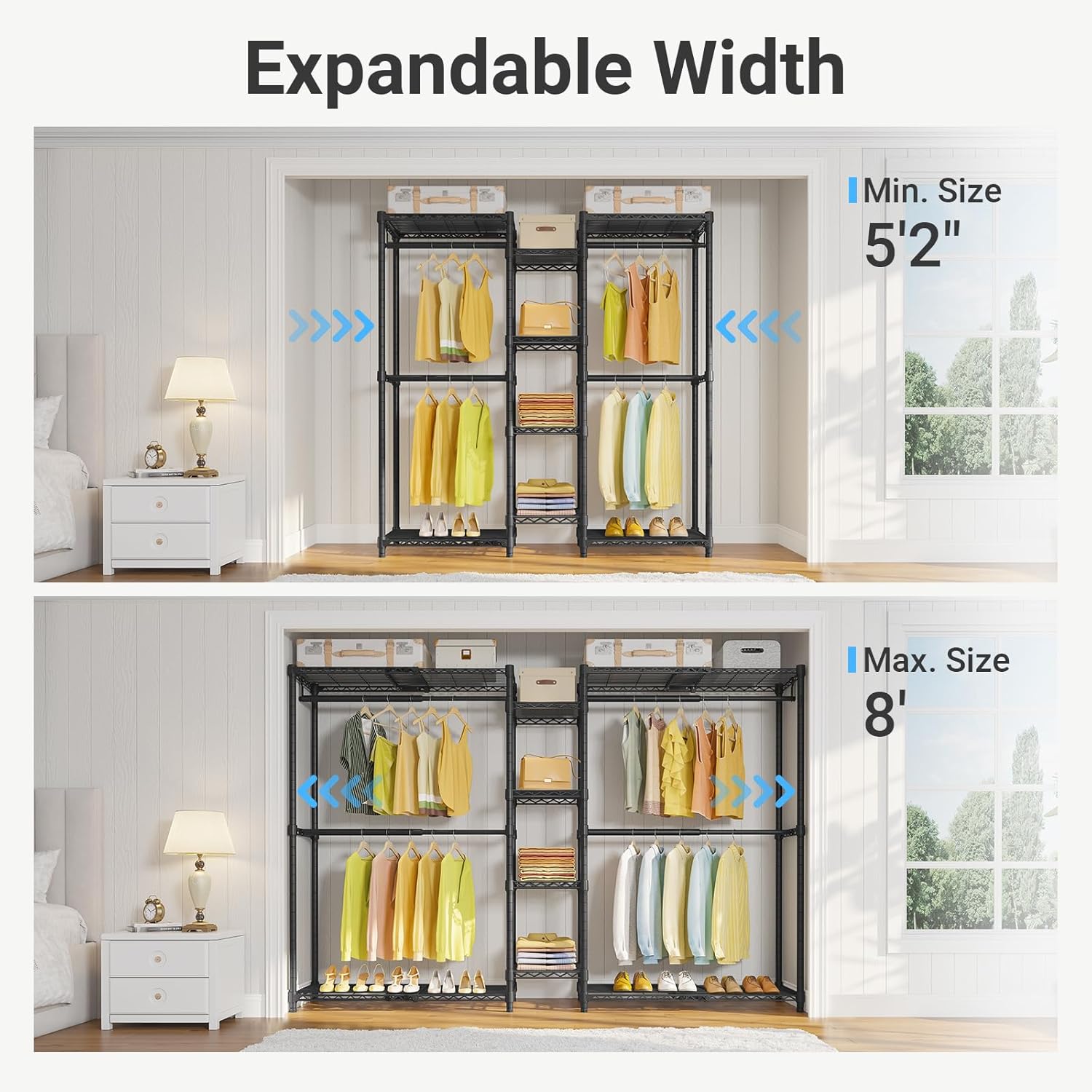 VIPEK X3 Heavy-Duty Expandable Clothes Rack - Adjustable 5'2" to 8' with Shelves & Hanger Rods | Max Load 1210LBS, Black