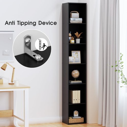 QieerHior Tall Narrow Bookshelf 6-Tier Bookcase,70.5" Skinny Thin Corner Shelf Slim Storage Cabinet,Wood DVD CD Media Cube Organizer Tower Rack for Small Spaces, Bedroom, Living Room, Office,Black