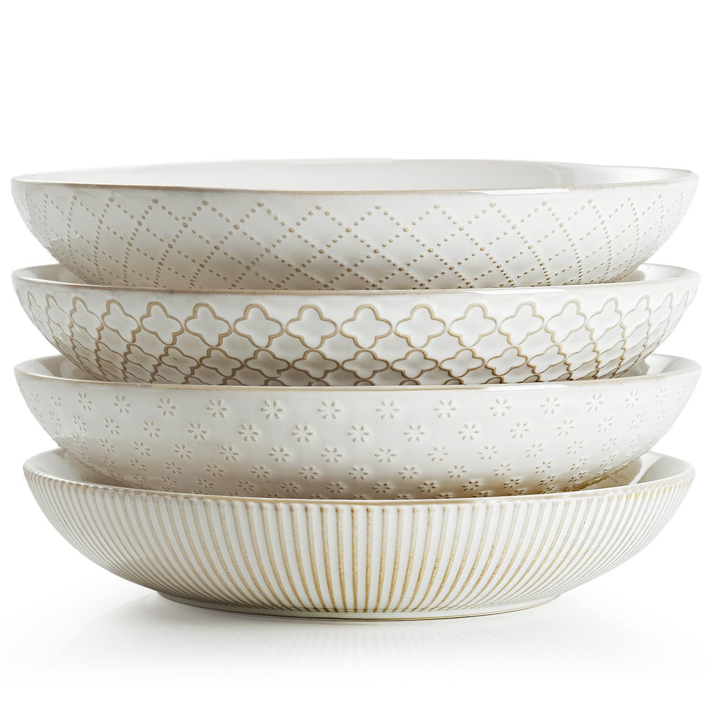 getstar Pasta Bowls, Large Salad Serving Bowls (7.6 inch & 22 oz), Ceramic Bowl Plates Set of 4, Farmhouse Embossments, Microwave and Dishwasher Safe