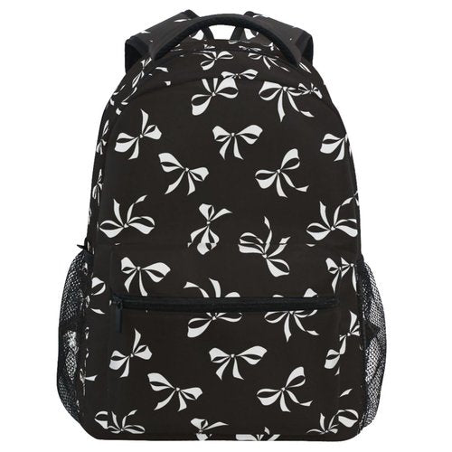 Wamika Black Bowknot Backpack for School White Ribbon Bow Tie Cute Girls Boys Backpack Bookbag Kids Children Teens Backpacks for Age 6-16 M