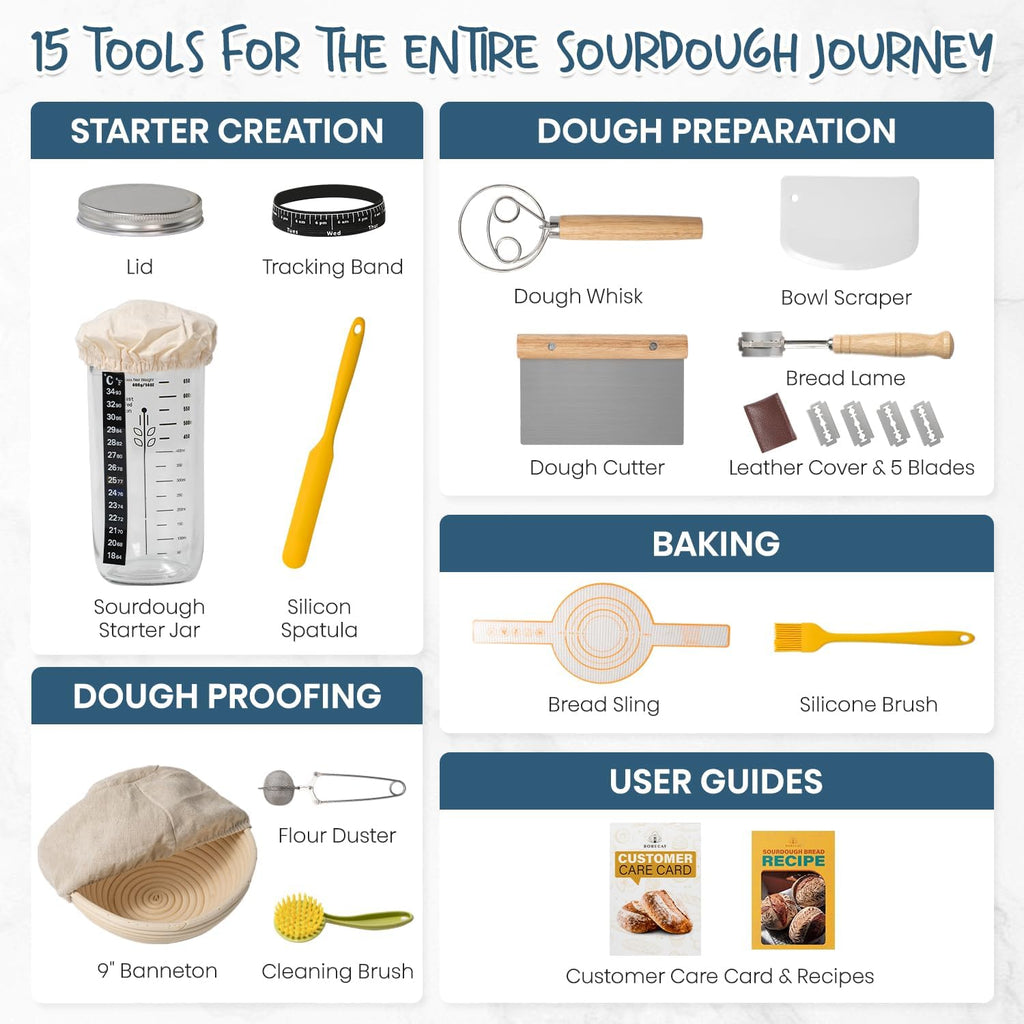 Skiennix Sourdough Starter Kit - 24oz Starter Jar & 9'' Round Proofing Baskets | Perfect Baking Gifts