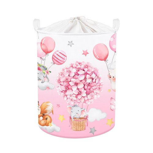 Clastyle 45L Hot Air Balloon Animal Laundry Basket Blooming Flowers Balloon Baby Nursery Basket Elephant Fox Bunny Basket Toy Clothes Pink Storage Basket for Girl Room Decor