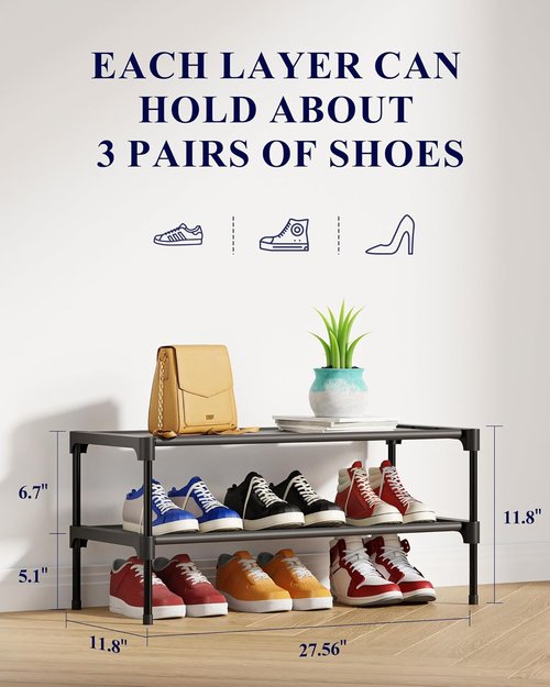 Kitsure Shoe Rack - Stackable Non-Woven Shoe Organizer for Closet & Entryway - 2 Tier, Black, 27.5" Wide