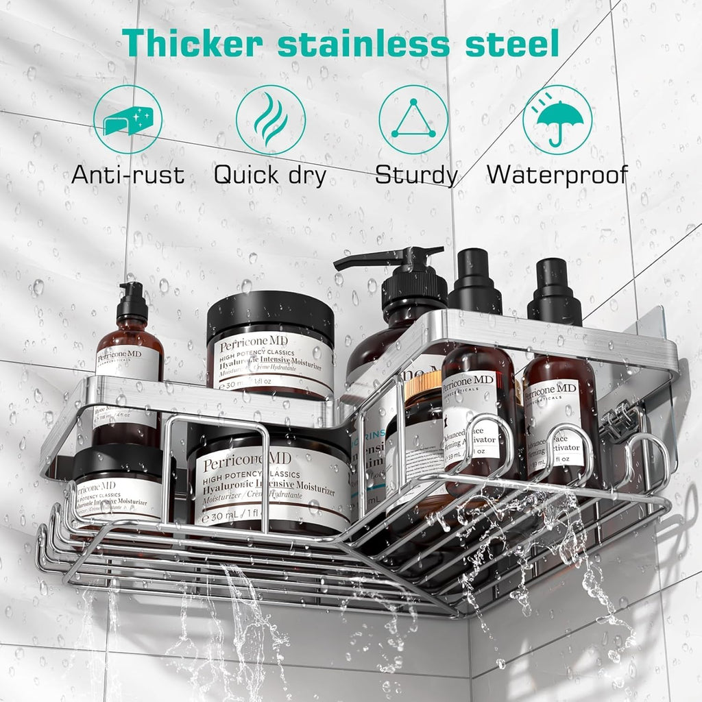 YASONIC Shower Caddy - Rustproof Stainless Steel Bathroom Organizer with Soap Holder & 12 Hooks | Brushed Silver, 3-Pack