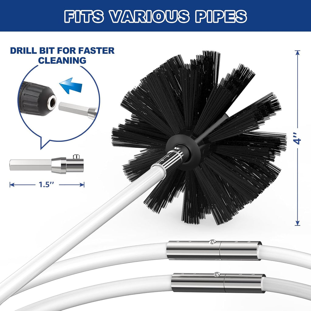 PetOde 32 Feet Dryer Vent Cleaner Kit - Flexible Quick Snap Brush with Drill Attachment for 360° Cleaning