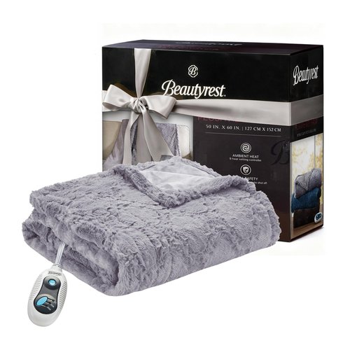 Beautyrest Long Brushed Faux Fur Ogee Textured Design Electric Blanket, Auto Shut Off, Virtually Zero EMF, Multi Heat Setting, UL Certified, Machine Washable, Grey Throw 50x60