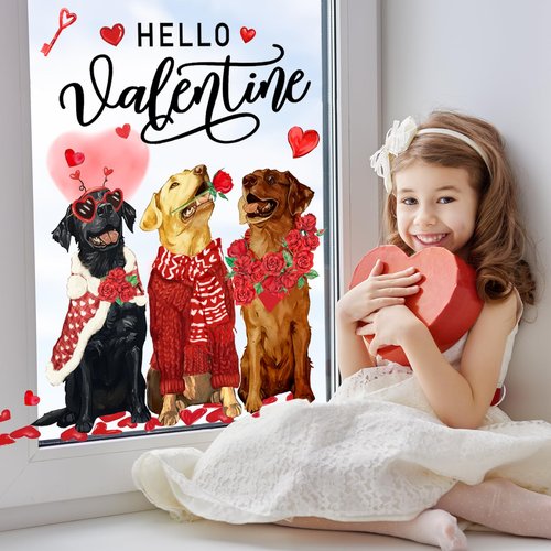 JarThenaAMCS Valentine's Day Window Clings Window Stickers Love Heart Dog Double-Sided Glass Decals for Wedding Anniversary Home Office Classroom Party Wall Decor, 9 Sheets