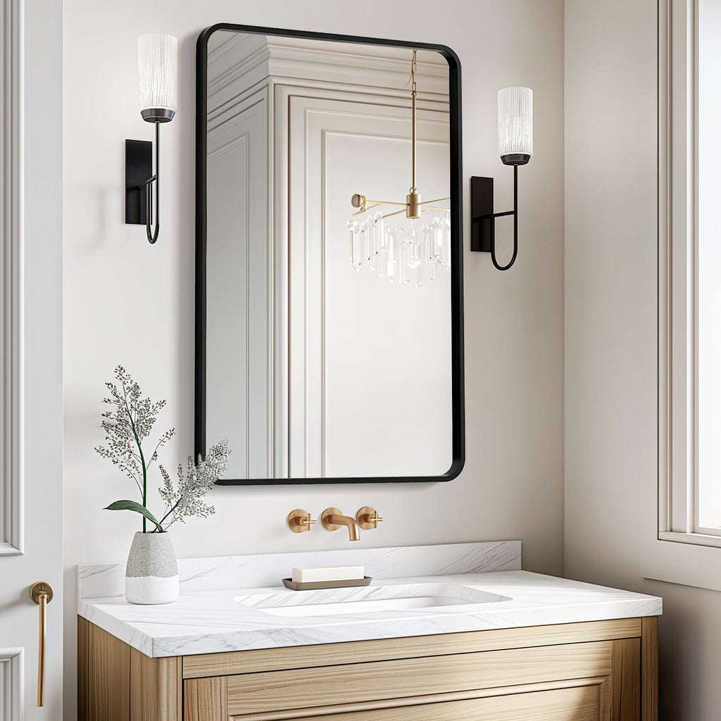 USHOWER Bathroom Mirrors for Over Sink, Metal Frame Rectangle Mirror, Modern Farmhouse Vanity Mirror, Wall Mounted for Bedroom, Living Room, Entryway Remodel & Upgrade, Matte Black, 24 x 36 Inch