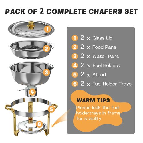 Chafing Dishes for Buffet 2 Pack, 5QT Round Chafing Dish Buffet Set [Elegant Gold and Silver Colors] Stainless Steel Buffet Food Warmers Sets for Catering Events Parties Dinners with Complete Set