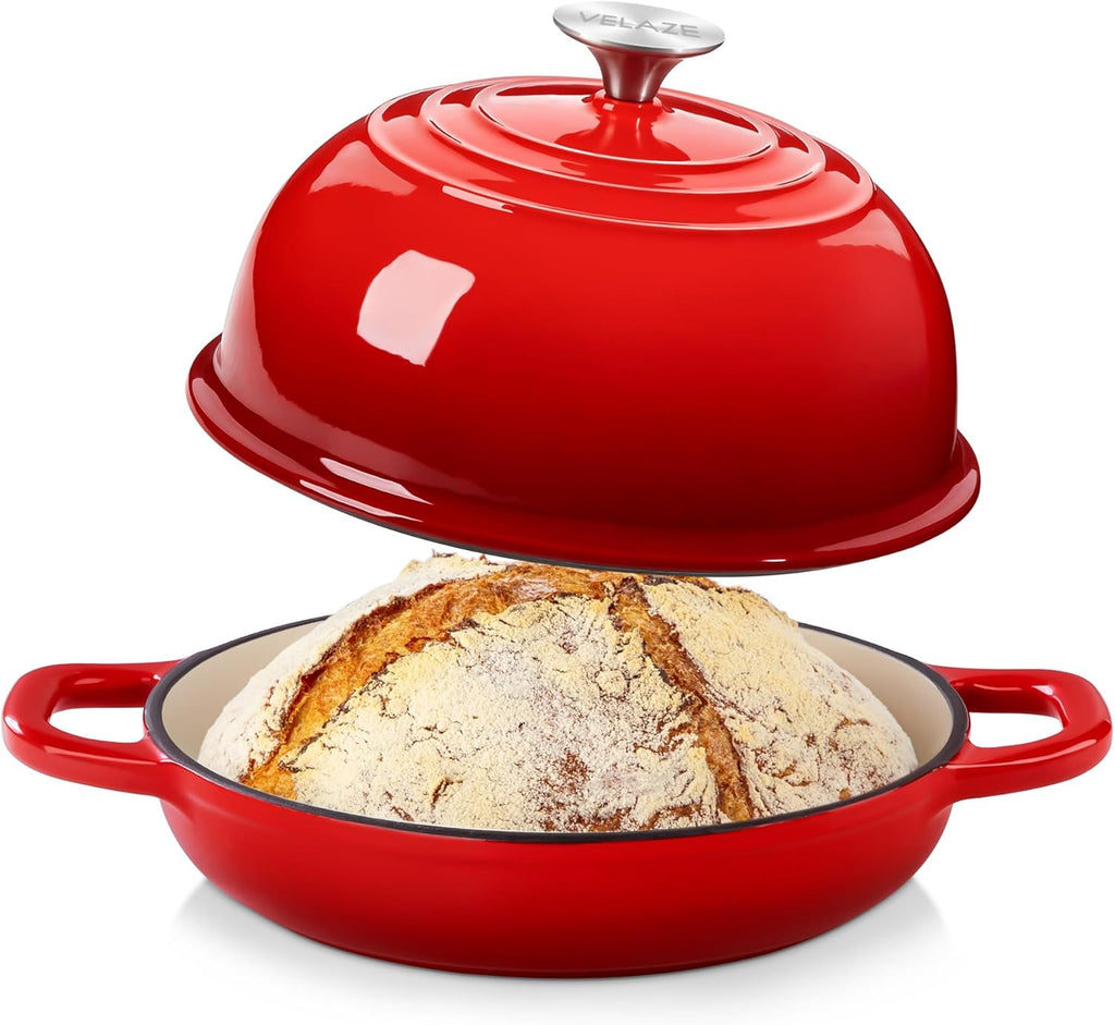 Velaze Enameled Cast Iron Dutch Oven - 5 QT Round Bread Pot with Dome Lid for Sourdough & Roasting (Red)