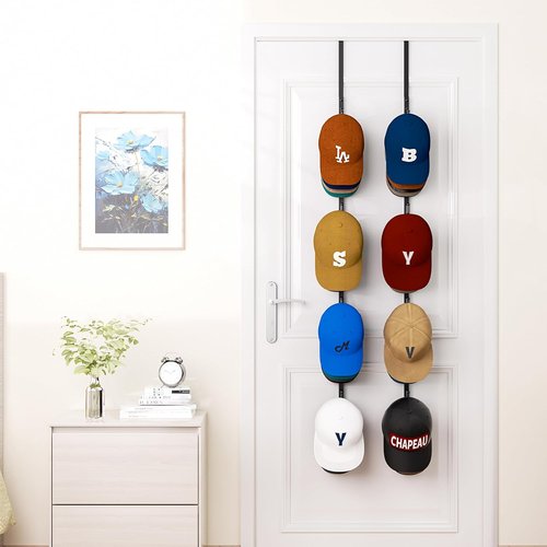 HapiRm Over Door Hat Rack - 8 Hook Organizer for 40 Caps | Stylish Storage Solution in Black
