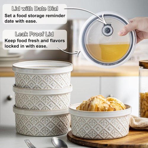 40 Oz Ramekins - Ceramic Airtight Bowls Set of 4 | Large Mixing Bowls with Lids for Salad, Soup, Pasta & Baking - Beige