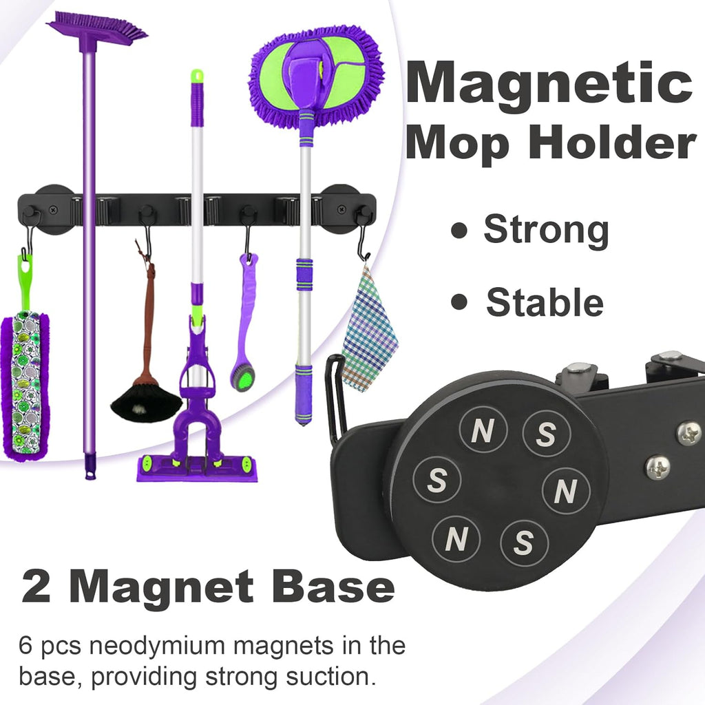 Skiennix Magnetic Mop Holder - Heavy Duty Tool Organizer with Swivel Hooks | Ideal for Kitchen, Garage, Laundry