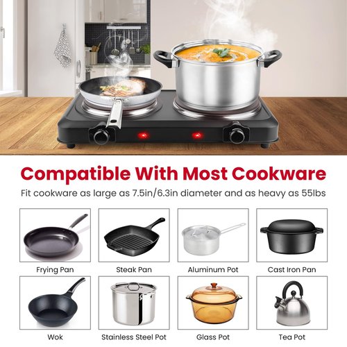 Zorpupoa Infrared Double Burner, 2000W Electric Hot Plate, Portable Heating Cooking Stove, Countertop Burner with 7.5” & 6.3” Glass Plate Electric Cooktop with Stepless Temperature Adjustments