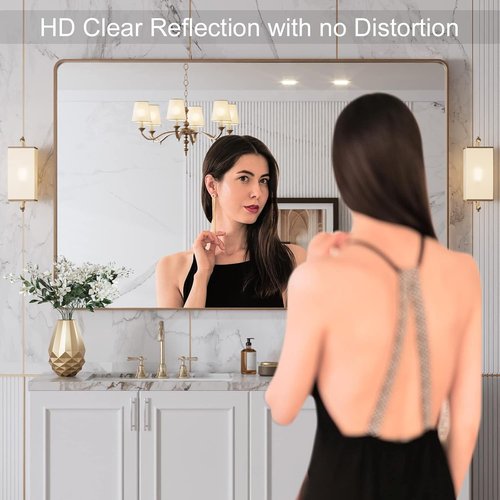 LOAAO Gold Bathroom Mirror - 48”x30” Rounded Rectangle Design | Wall-Mounted, Anti-Rust Tempered Glass
