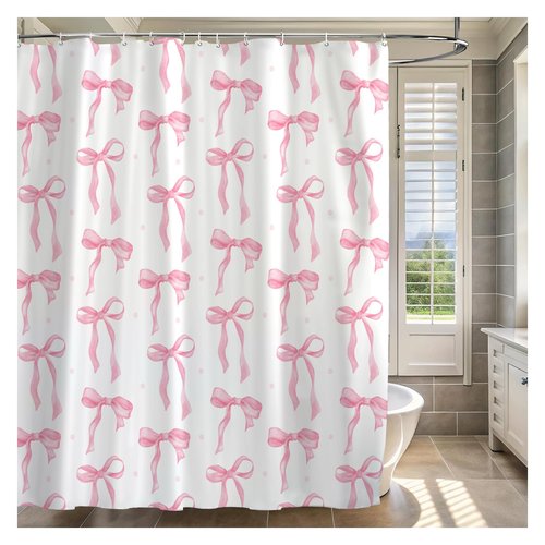 Cute Shower Curtain, Bow Pattern Waterproof Fabric Shower Curtain for Bathroom Decor, Aesthetic Modern Shower Curtains Sets with Hooks for Women Girls 72x72 Inches (Pink)