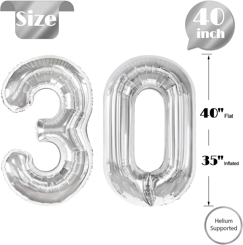 Silver Number 30 Balloon - 40 Inch 30th Birthday Decorations for Kids & Adults | Elegant Party Supplies
