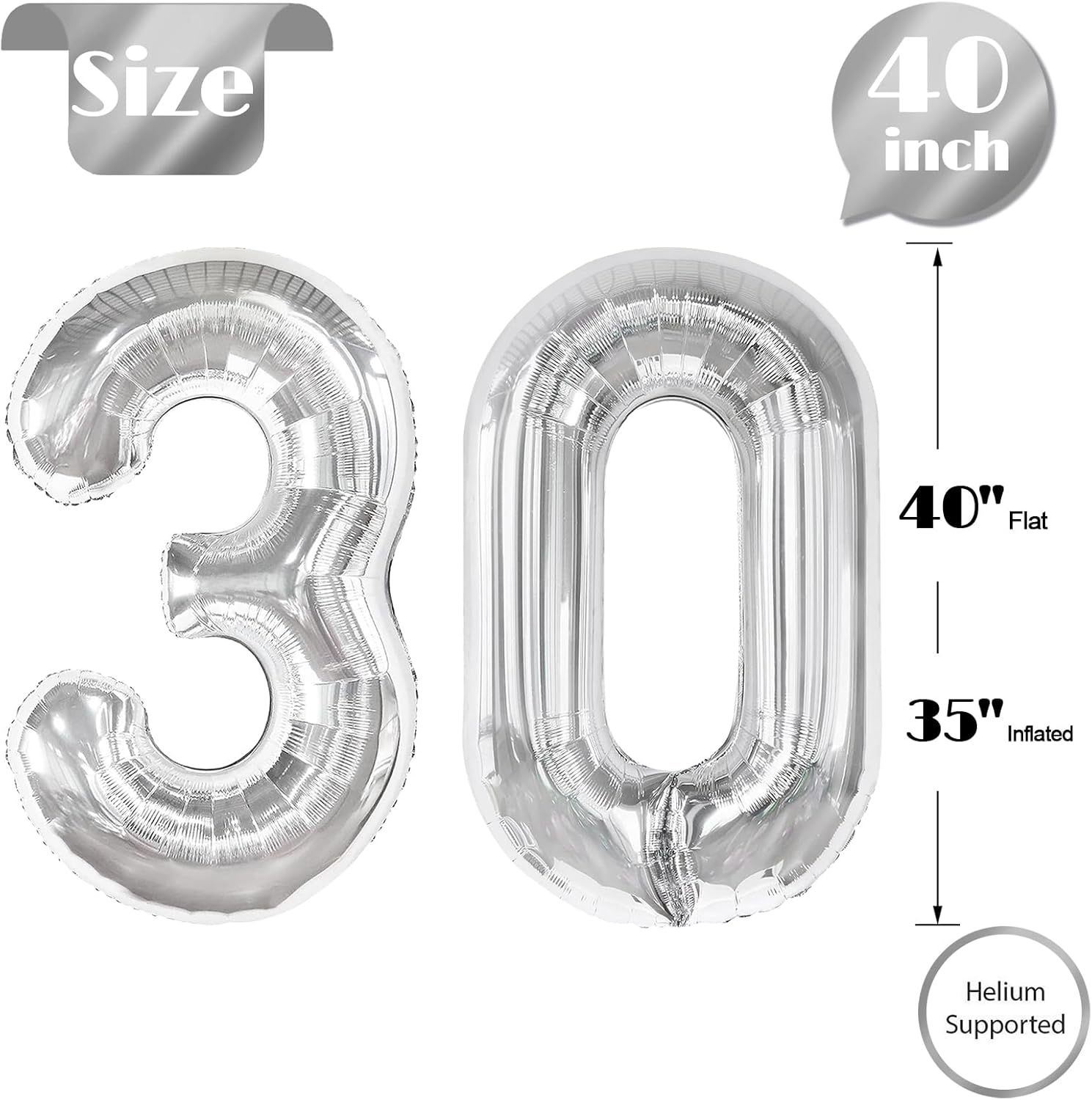 Silver Number 30 Balloon - 40 Inch 30th Birthday Decorations for Kids & Adults | Elegant Party Supplies