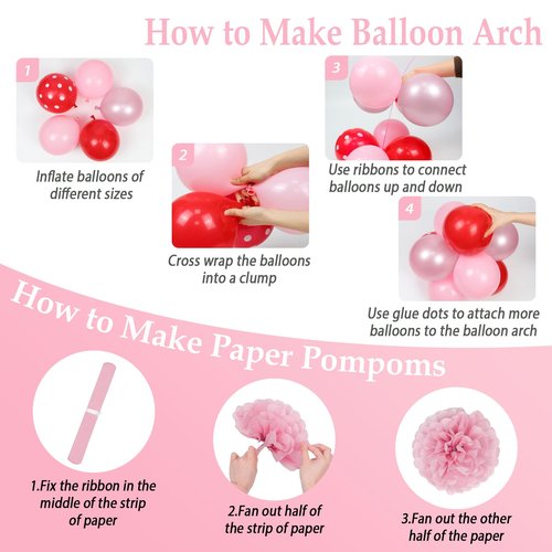 CM ZH set Strawberry Birthday Decorations with Red Pink White Paper Pompoms Red Pearl Pink Balloons Happy Birthday Banner Fringe Curtain for Gender Reveal Strawberry Baby Shower Decorations