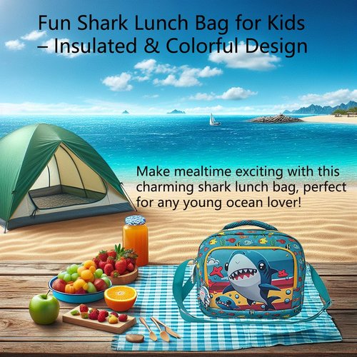 Alveroya Kids Lunch Box for Boys, Insulated Shark Lunch Bag for School, Reusable Cooler Tote with Adjustable Strap & Back Pocket, Fits Bento Box, Leakproof Thermal Meal Container (Blue Shark)