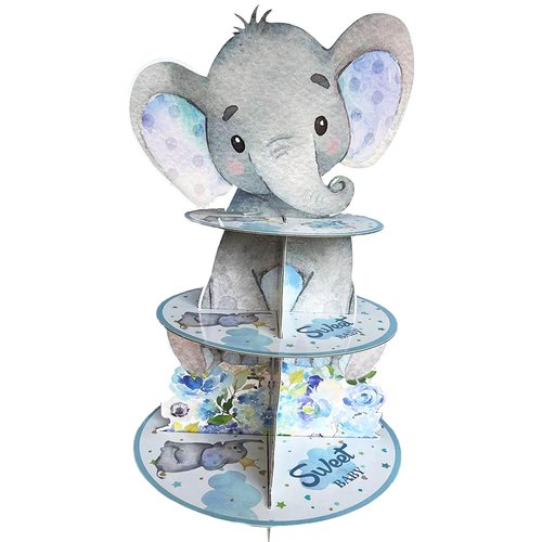 Zliisang Blue Elephant Cupcake Stand Baby Boy Baby Shower Decorations 3 Tiered Dessert Cake Table Displays Eelephant Birthday Party Decorations Baby Shower Decorations for Boy