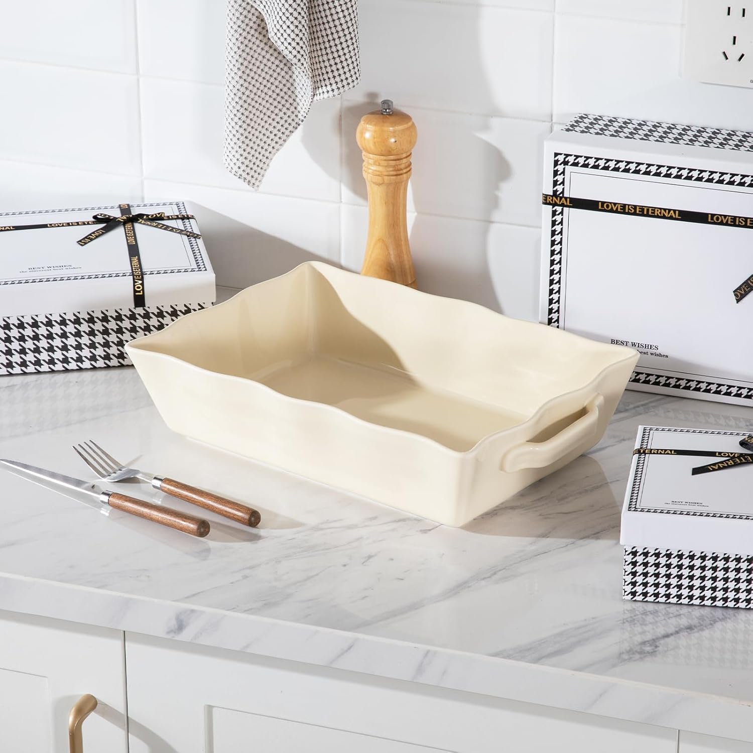 Sweejar Casserole Dishes - Ceramic 9x13 Baking Dish with Handles | Large Rectangular Lasagna Pan (Beige)