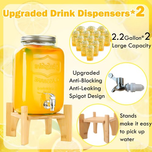 2 Set 2.2 Gallon Upgraded Plastic Drink Dispensers for Parties, Anti-Blocking Beverage Dispenser with Stand for Lemonade Juice Water Liquor