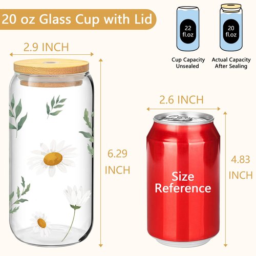 BGraceyy 20 oz 20-Pack Glass Cups with Lids and Straws + DIY Stickers, Reusable Beer Can Drinking Glasses with Bamboo Lids and Metal Straws, Aesthetic Glass Coffee Cups with Lids for Iced ＆ Hot Drinks