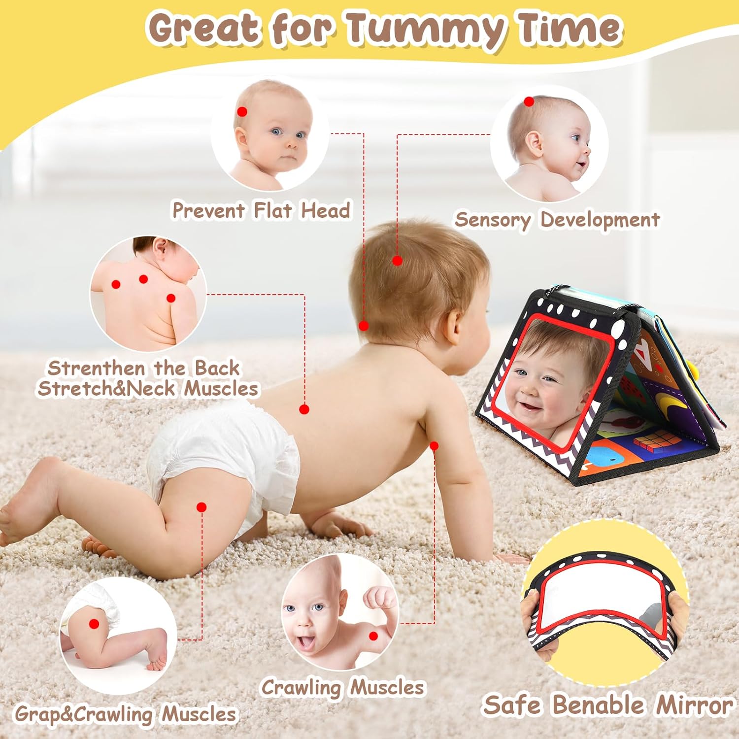 URMYWO Tummy Time Toys - High Contrast Black and White Visual Stimulation Mirror for Infants 0-12 Months