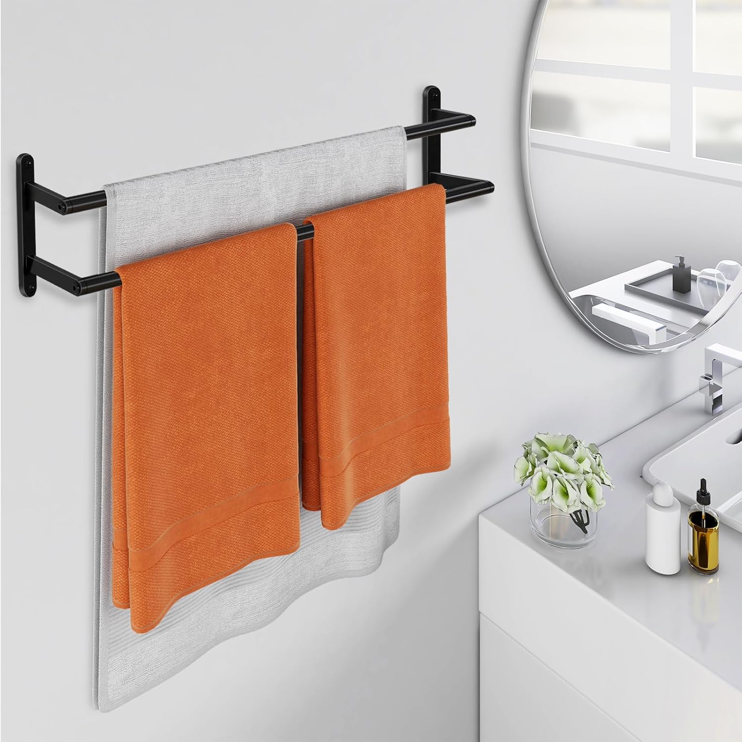 Skiennix Double Towel Bar - 24-Inch Stainless Steel Wall-Mounted Towel Rack in Matte Black