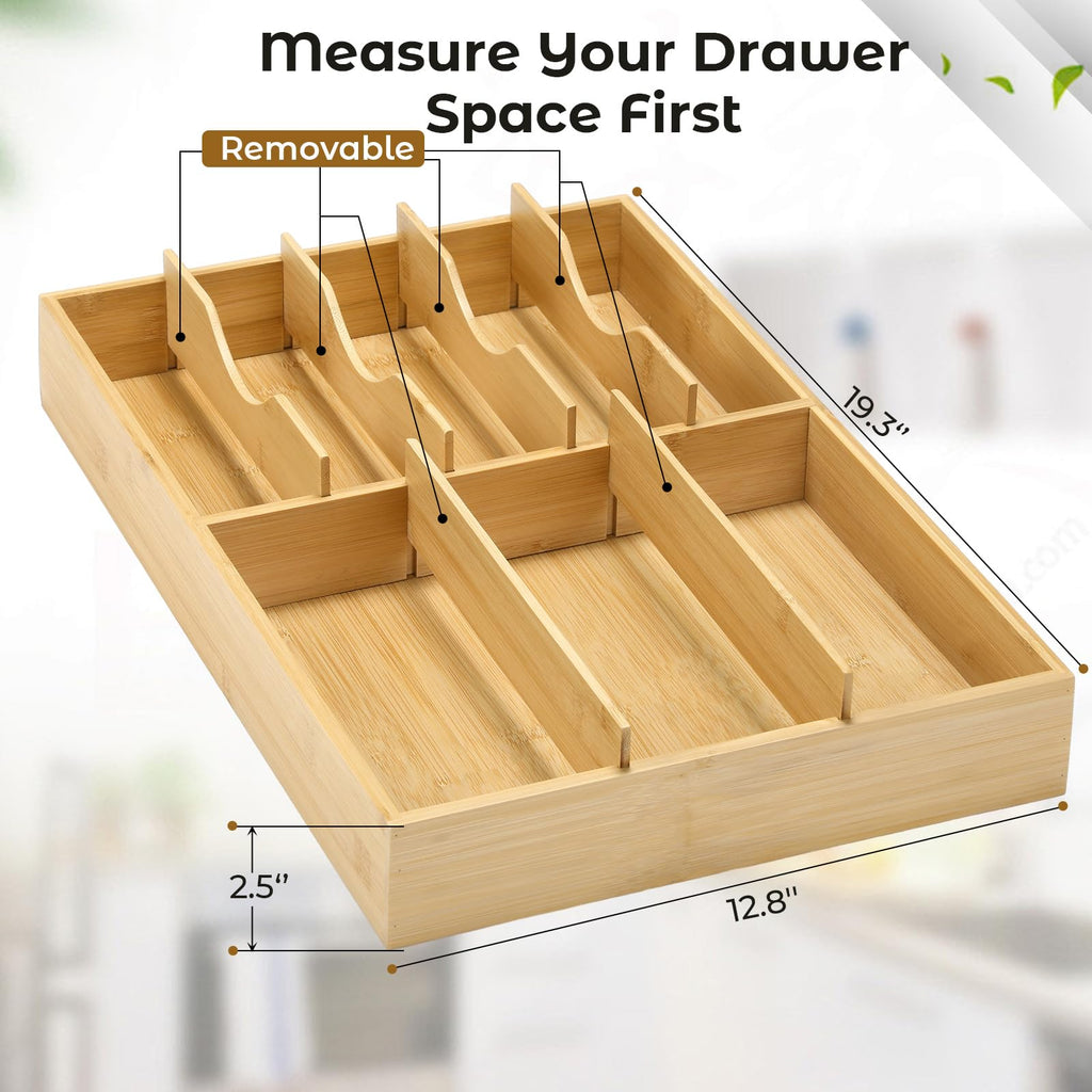 Fabsome Silverware Organizer for Kitchen Drawers, 2.5'' Deep 12.8'' Wide Bamboo Wood Flatware Tray with Deep Slots for Large Cutlery Utensil Drawer